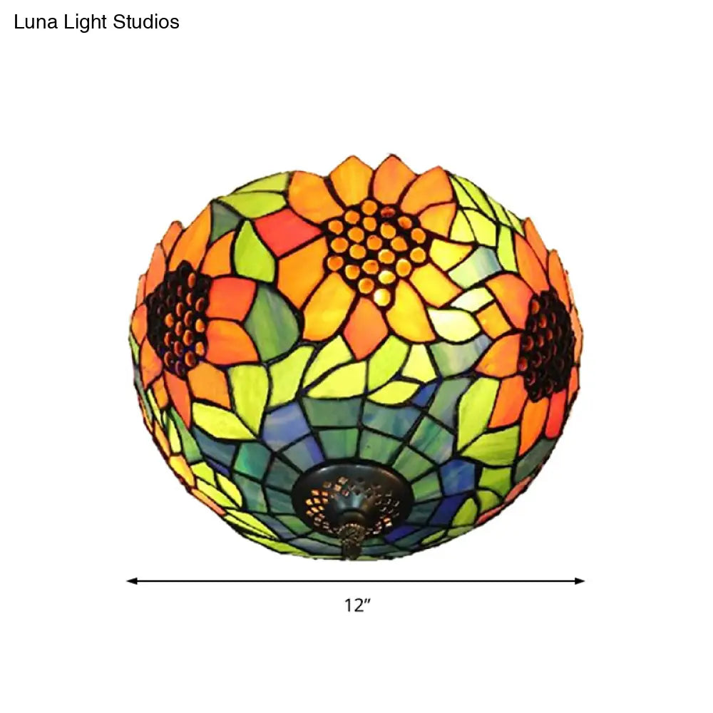 Orange Bowl Stained Glass Ceiling Light Fixture - Splendid Flushmount With Flower Pattern For