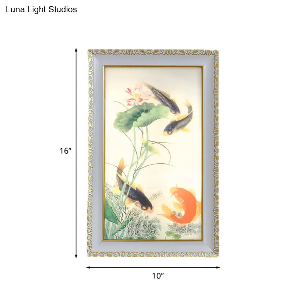 Oriental Led Wall Light With Fish And Lotus Leaf Design - Red Black Acrylic Rectangle Mural