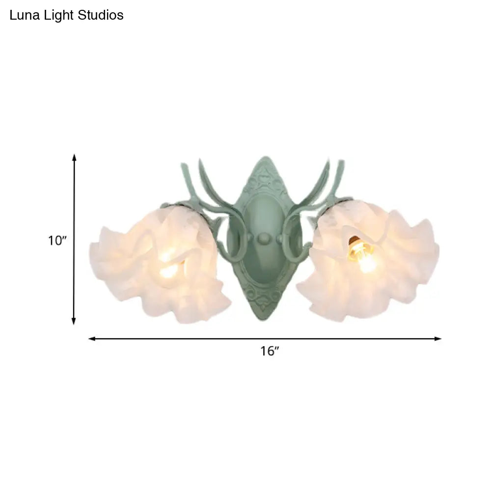 Pastoral White Glass Wall Sconce Lamp With Green Scalloped Design - 2 Bulb Lighting Fixture For