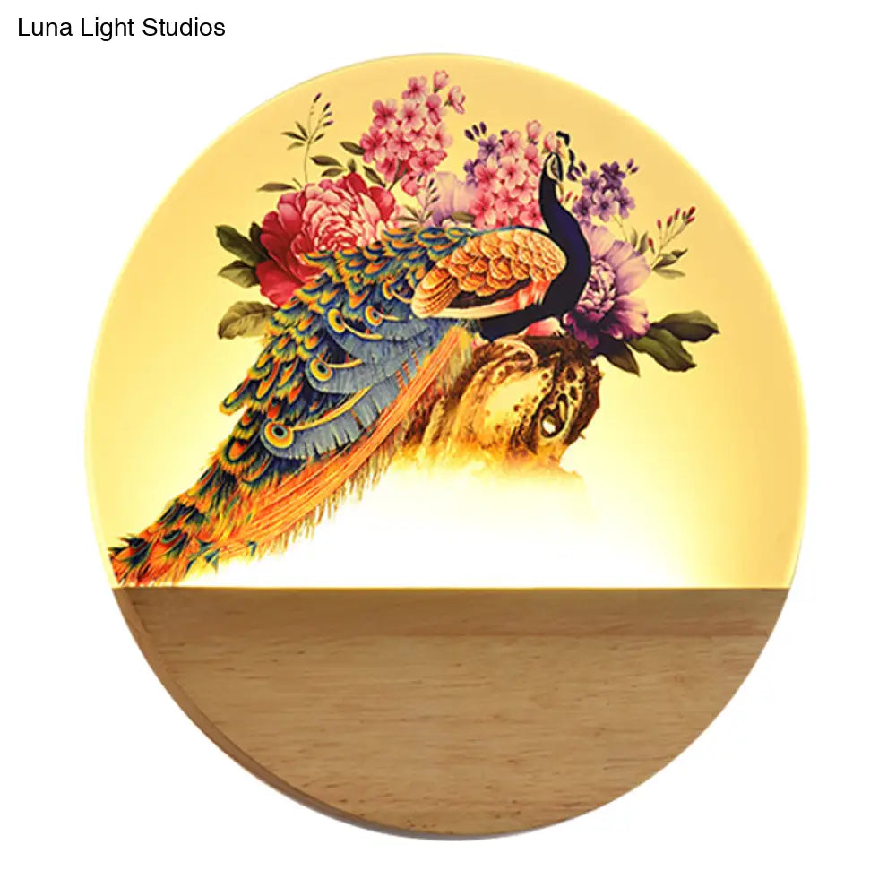 Peacock Blossom Wall Mural Lamp: Asian Style Led Wood Mount For Bedroom