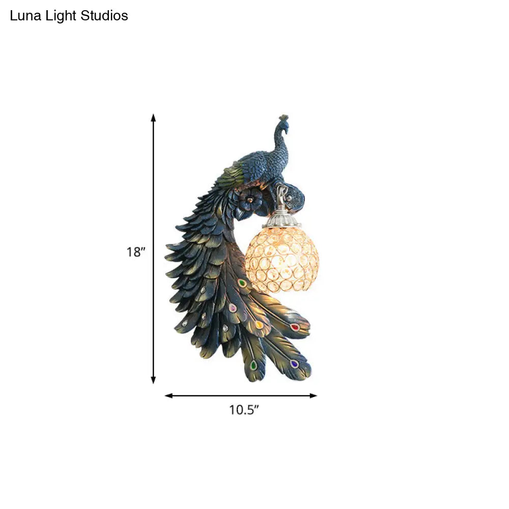 Peacock Blue Lodge Resin Wall Sconce Lighting With Clear Crystal Dome Shade - 1 Light Bedside