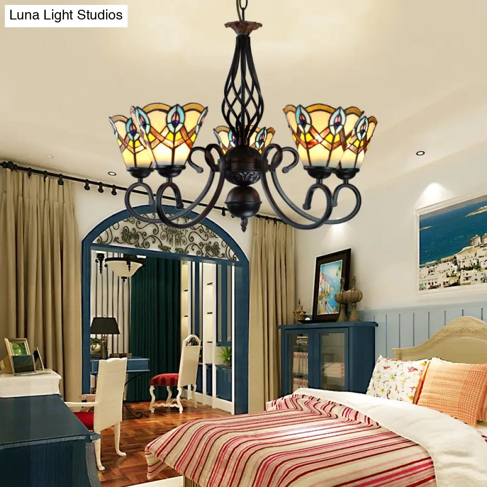 Peacock Stained Glass Chandelier: 5-Light Cone Pendant For Bedroom