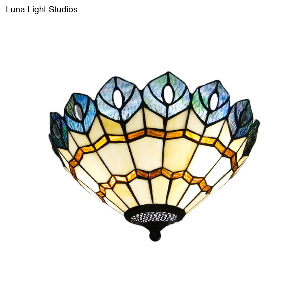 Peacock Stained Glass Flush Ceiling Light With Rustic Charm - 2 Lights For Living Room