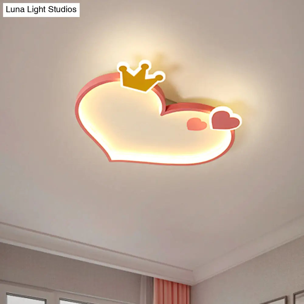 Pink Cartoon Led Flush Mount Ceiling Light With Crown Decor - Metallic Heart Design