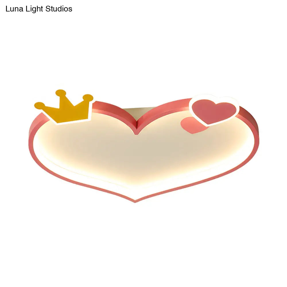 Pink Cartoon Led Flush Mount Ceiling Light With Crown Decor - Metallic Heart Design