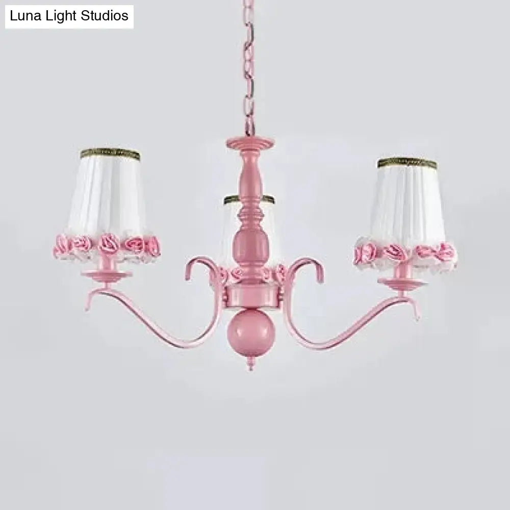 Pink Flower Chandelier: Fabric Tapered Shade Kids Hanging Light For Girls Bedroom