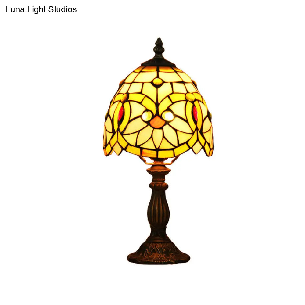Pink Tiffany Style Stained Art Glass Dome Shaped Nightstand Lamp With Floral Pattern - 1 Head Table
