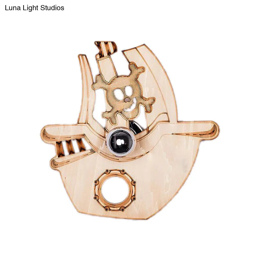 Pirate Ship Wooden Wall Lamp - Kindergarten Corridor Light Cartoon Design In Beige