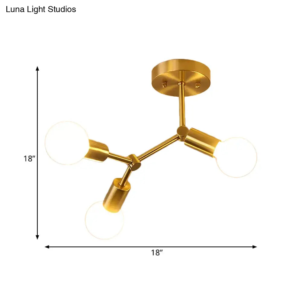Postmodern Brass Flush Mount Lighting With Rotating Metal Molecule Design