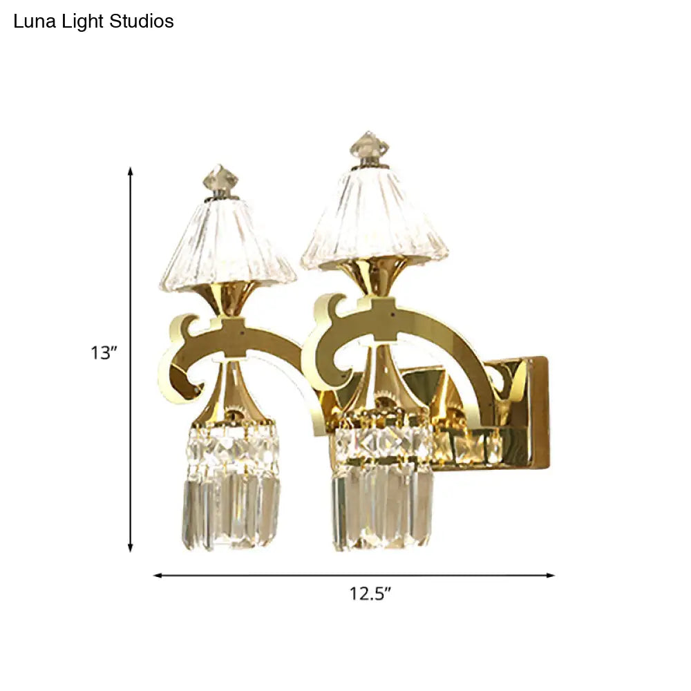 Postmodern Crystal Wall Sconce With Gold Mount And Dangling Rods - Half Bulb Lighting