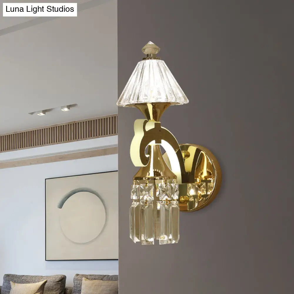 Postmodern Crystal Wall Sconce With Gold Mount And Dangling Rods - Half Bulb Lighting