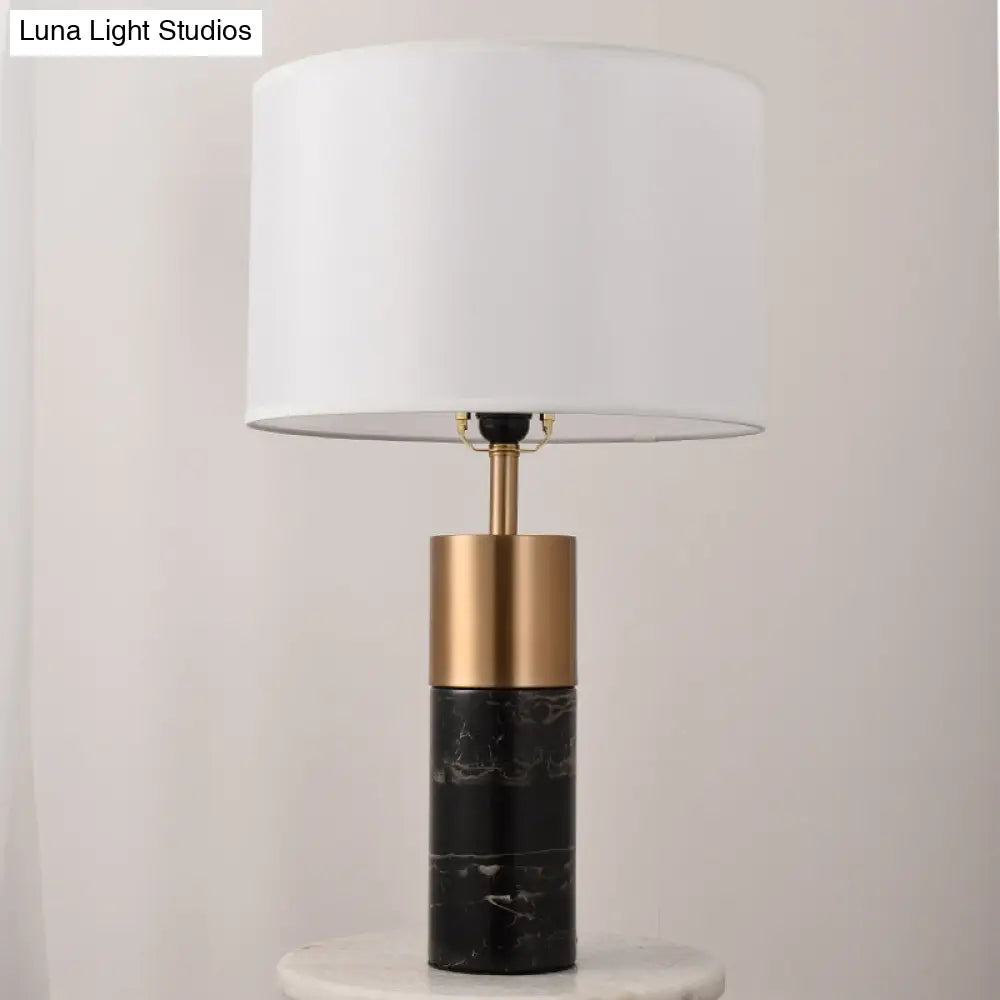 Postmodern Drum Bedside Table Lamp With Marble Pedestal - Black/White/Grey Fabric Design