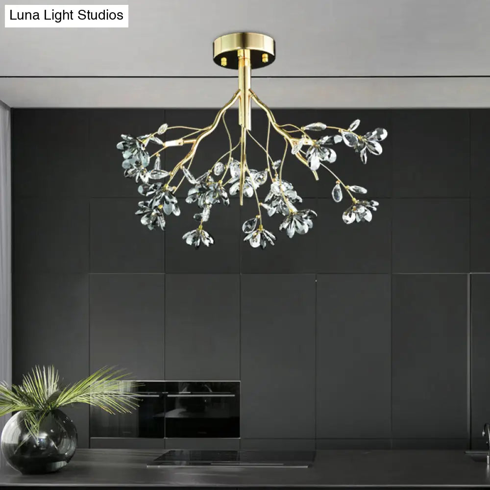 Postmodern Gold Leaf Crystal Semi Flush Mount Ceiling Lamp With 3 Branch - Style Heads