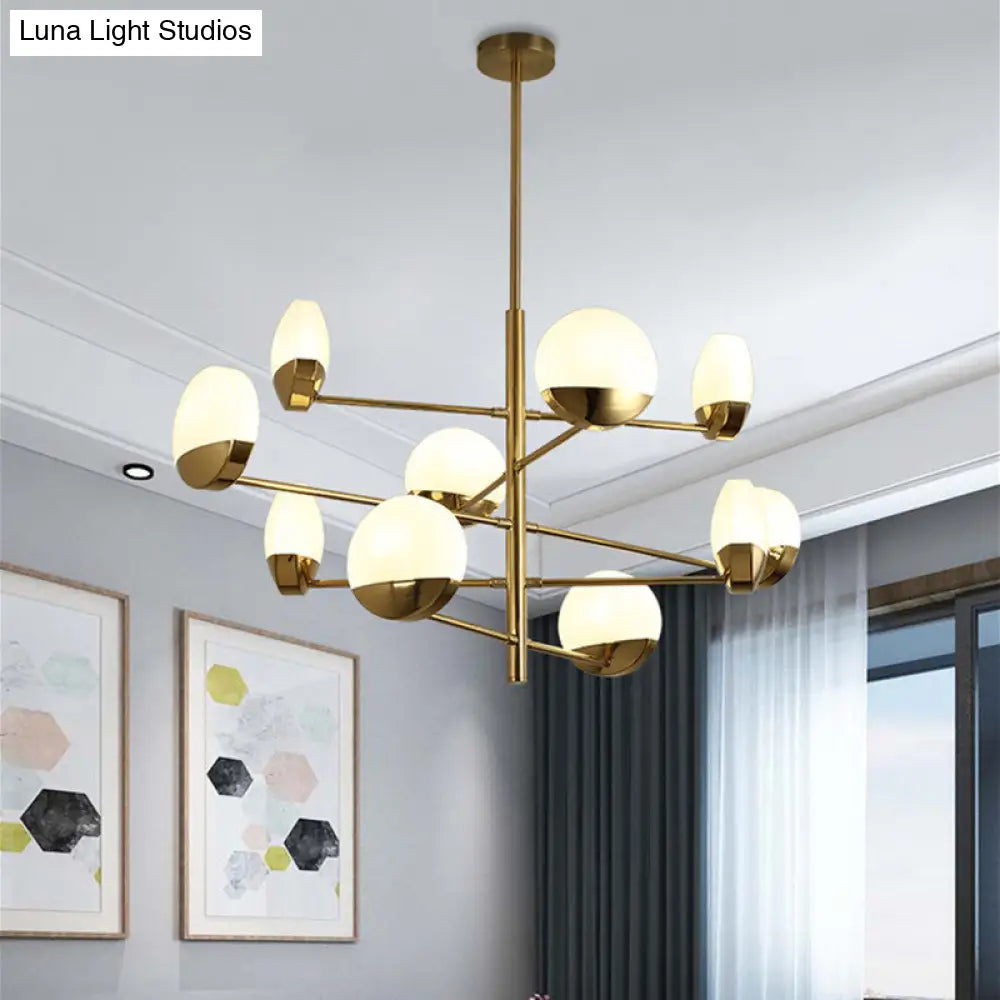 Postmodern Gold Sputnik Chandelier - Metallic 6/8/10-Head Hanging Lamp With Round White Glass Shade