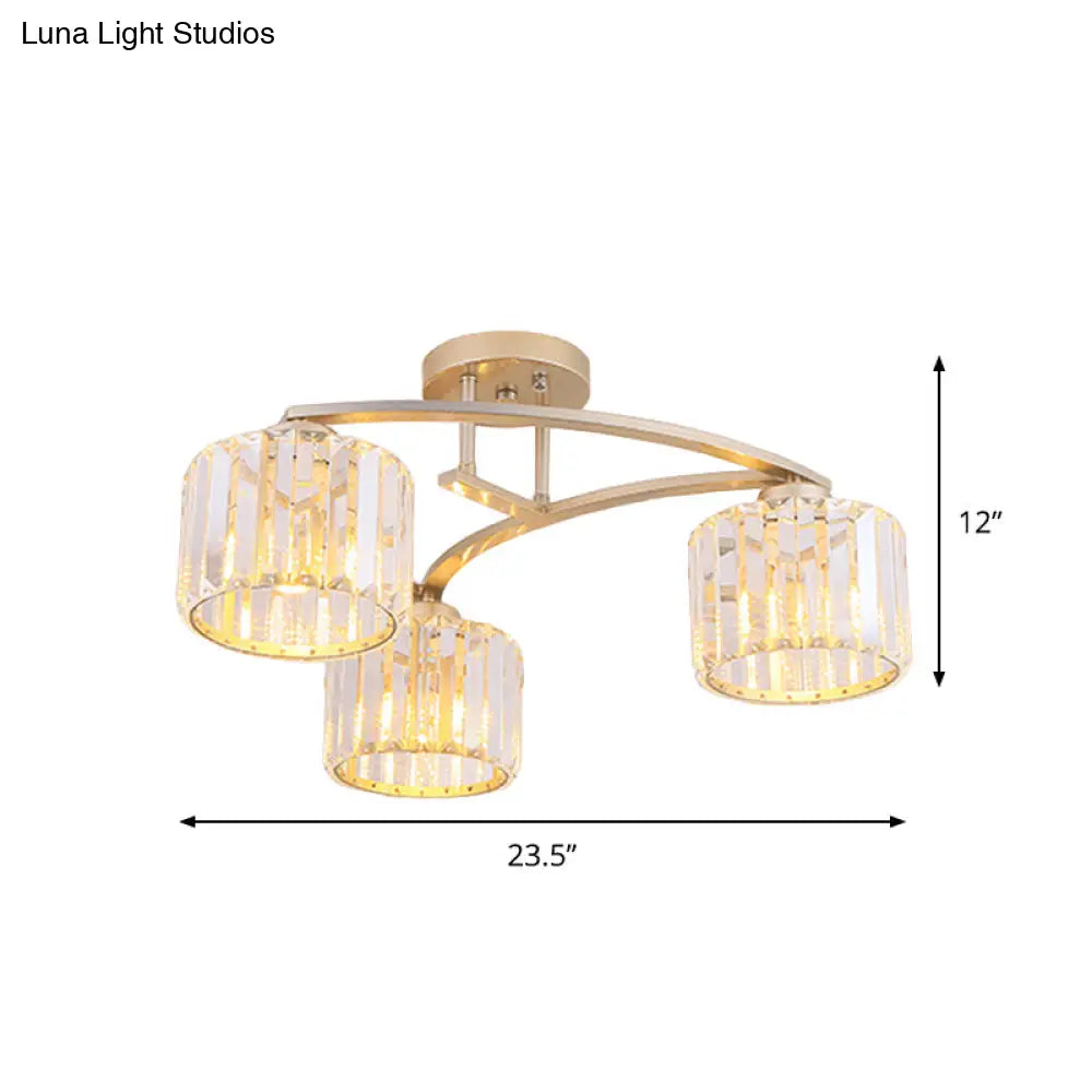 Postmodern Gold V Arm Ceiling Mount Chandelier: Crystal Shade 3 Bulbs Semi Flush Light For