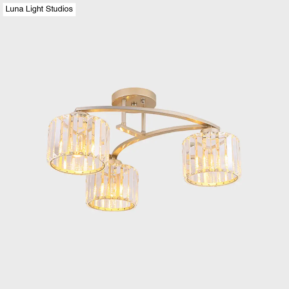 Postmodern Gold V Arm Ceiling Mount Chandelier: Crystal Shade 3 Bulbs Semi Flush Light For