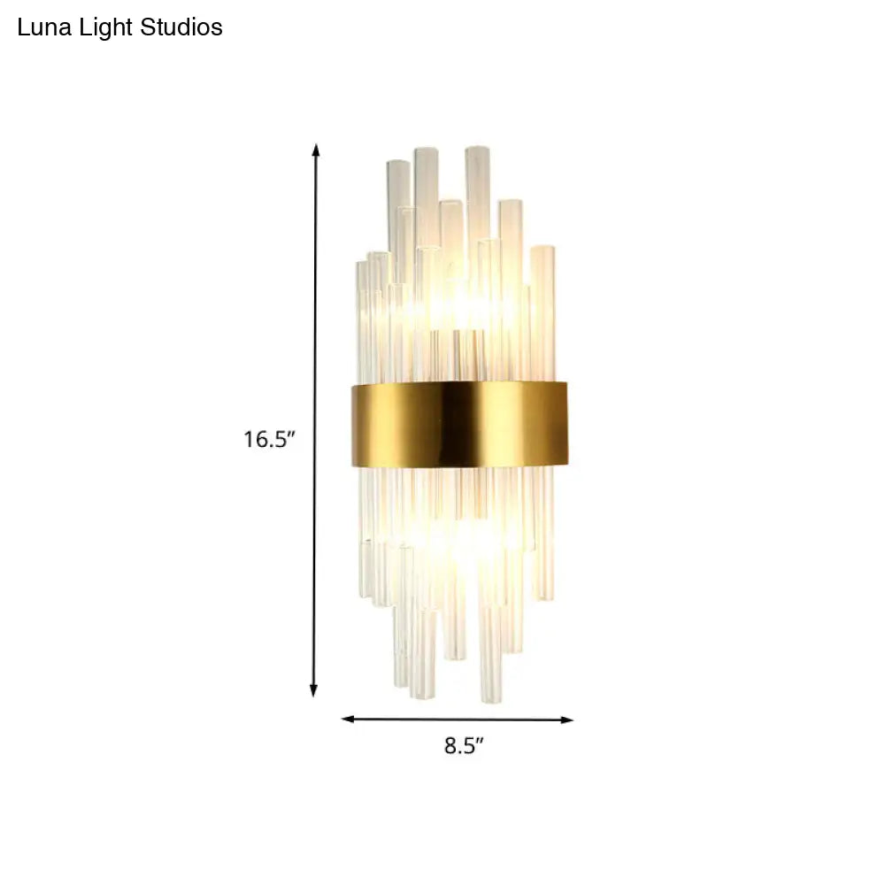 Postmodern Gold Wall Sconce With Fluted Crystal Shade - 2 Head Bedroom Mount Light