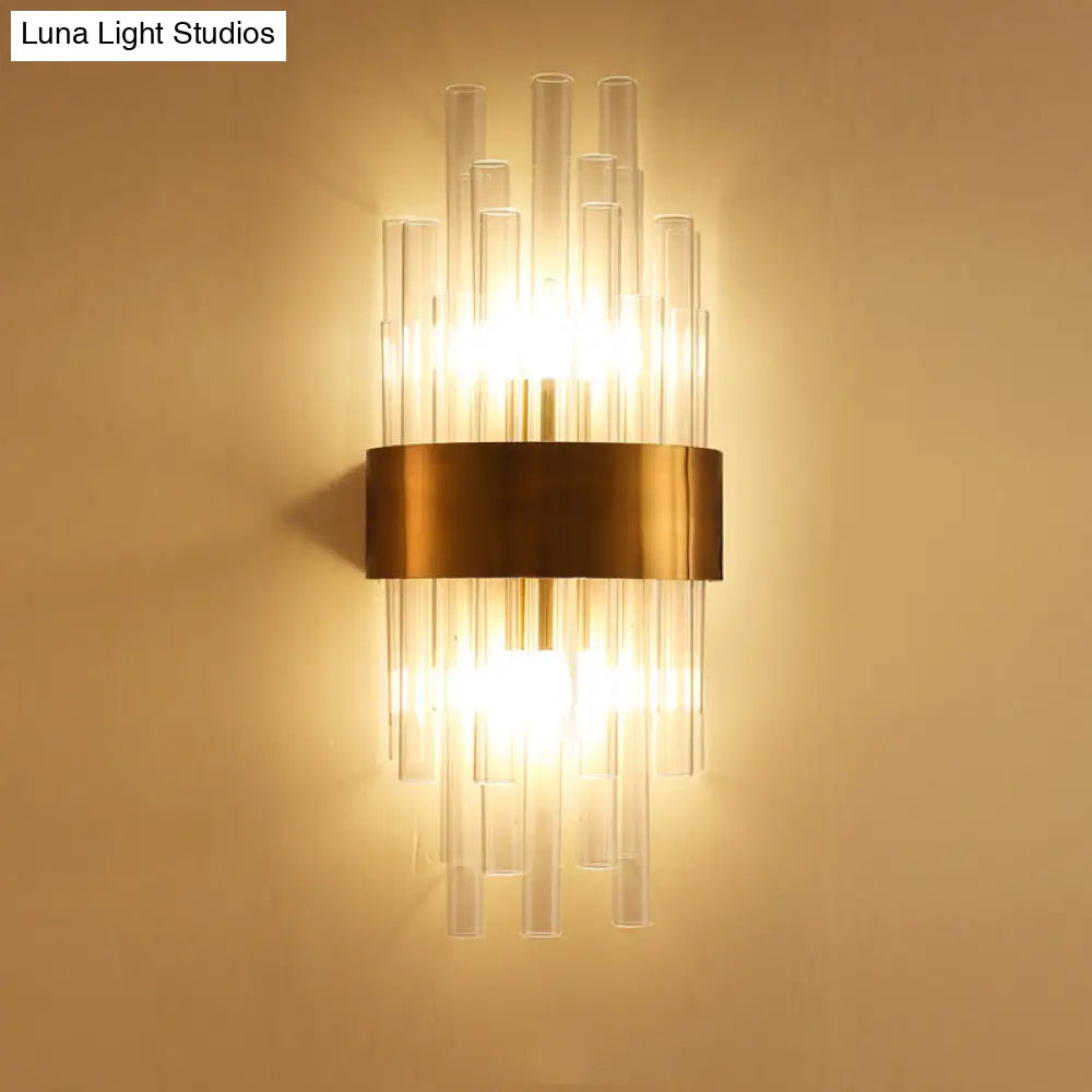 Postmodern Gold Wall Sconce With Fluted Crystal Shade - 2 Head Bedroom Mount Light