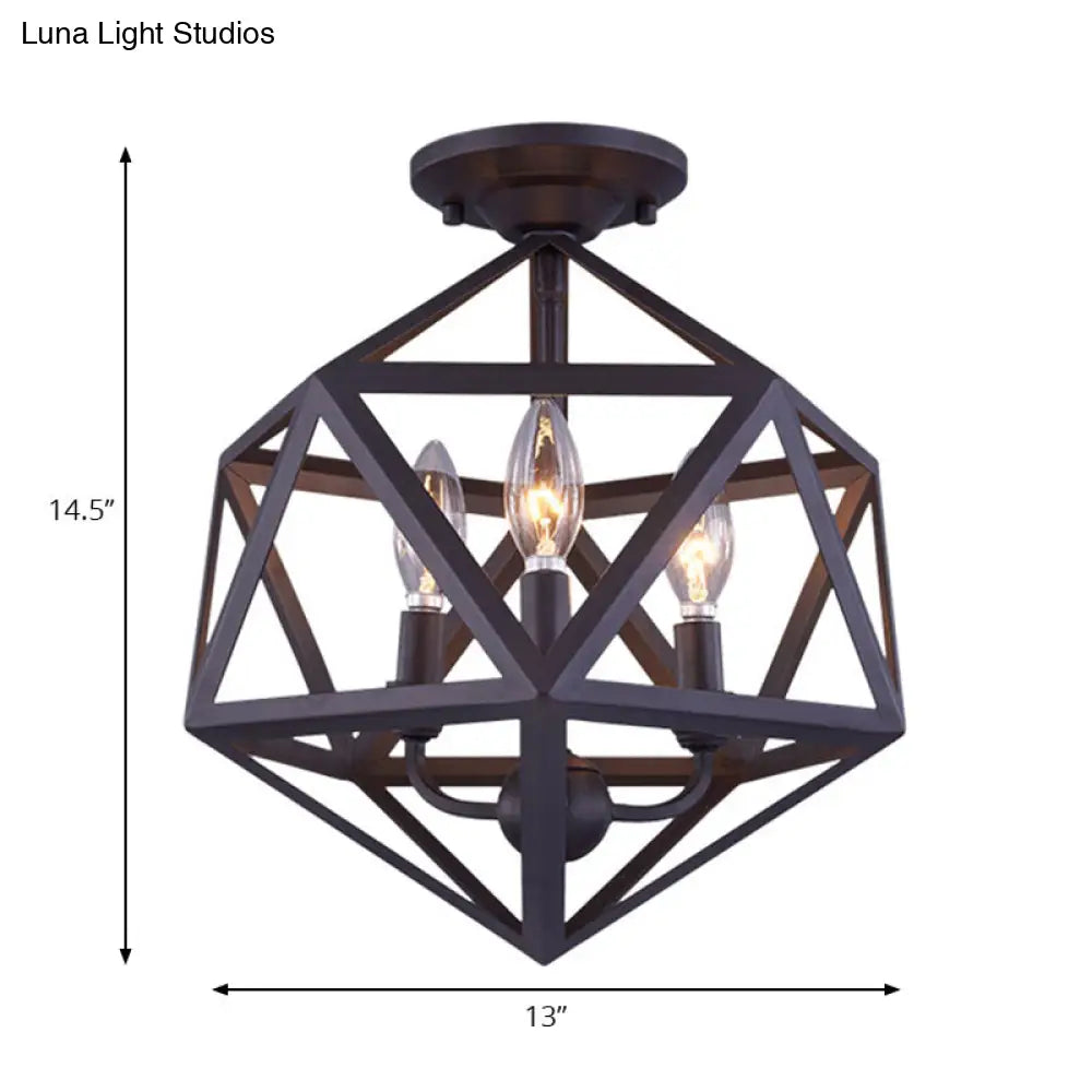 Prism Cage Metallic Semi Flush Light - Industrial Style 3 Bulb Ceiling Lamp Bronze Finish
