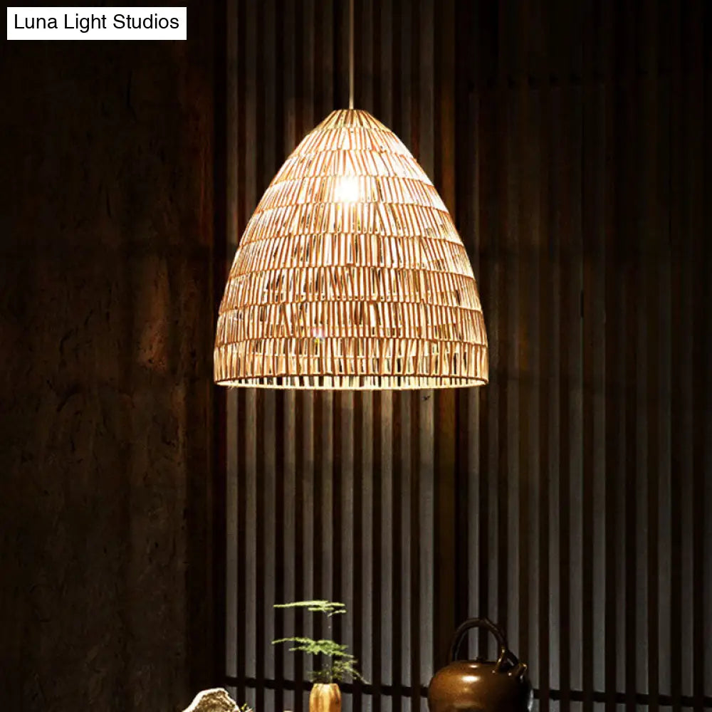 Rattan Hanging Ceiling Light - Asian-Inspired Single Wood Pendant Fixture