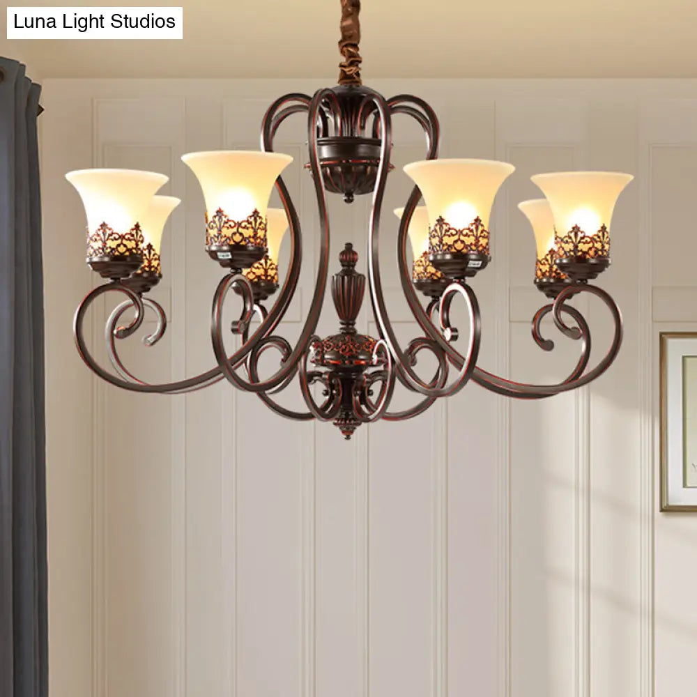 Red-Black Flared Shade Ceiling Lighting - Traditional Frosted Glass Chandelier For Living Room