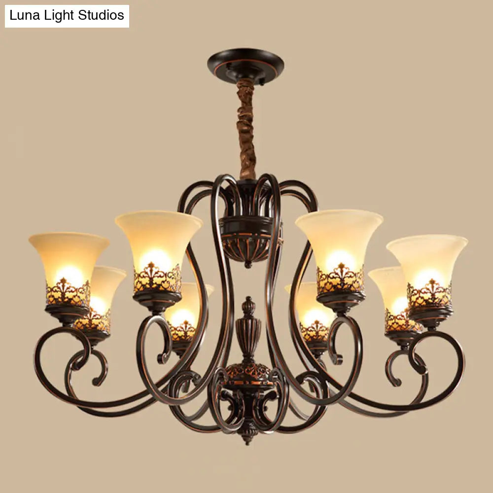 Red-Black Flared Shade Ceiling Lighting - Traditional Frosted Glass Chandelier For Living Room