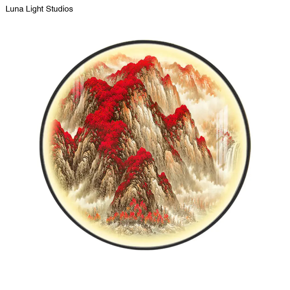 Red Oriental Style Led Wall Lamp With Mountain Pattern Metallic Mural Light For Guest Room