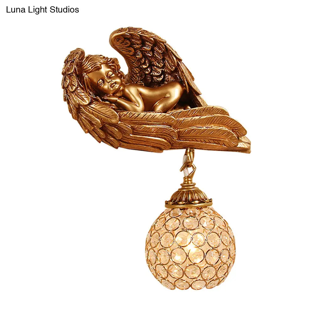 Resin 1-Head Dark Gold Wall Mounted Lamp With Globe Faceted Crystal Shade - Sleeping Angel Hallway