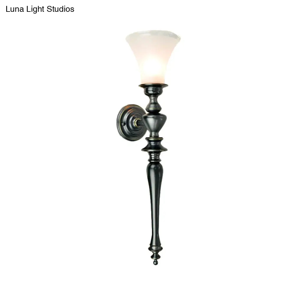 Retro Black Flared Wall Sconce: Cream Glass Linear Metal Arm - Perfect For Living Room