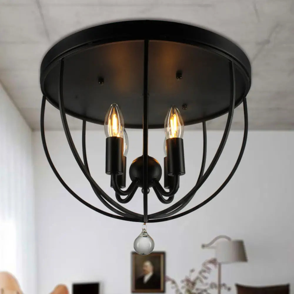 Retro Black Metallic Flush Mount Ceiling Light With Wire Cage And Clear Crystal Ball - 1/4/5 Heads