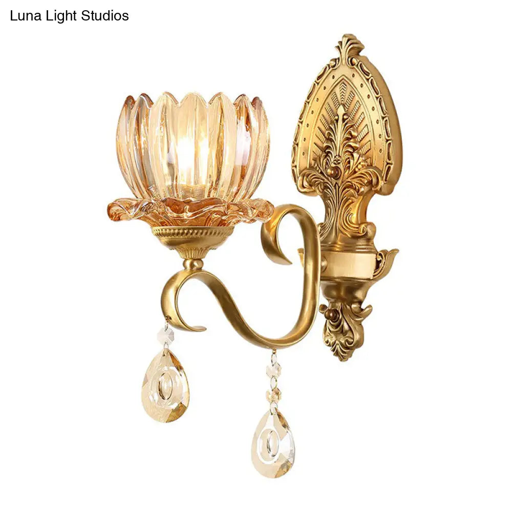 Retro Clear Prismatic Glass Brass Wall Sconce With Decorative Crystal Flower Living Room Light