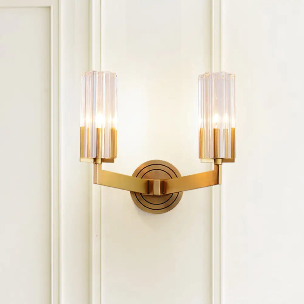 Retro Crystal Ribbed Wall Lamp With Brass Flush Sconce For Living Room - 1/2 Lights 2 /