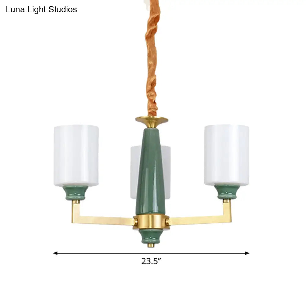Retro Emerald White Glass Cylindrical Chandelier - Suspended Lighting Fixture With 3/8/12 Lights