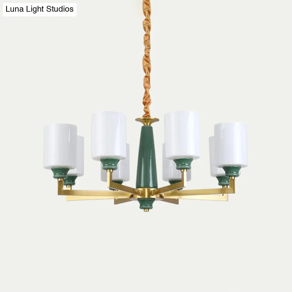 Retro Emerald White Glass Cylindrical Chandelier - Suspended Lighting Fixture With 3/8/12 Lights