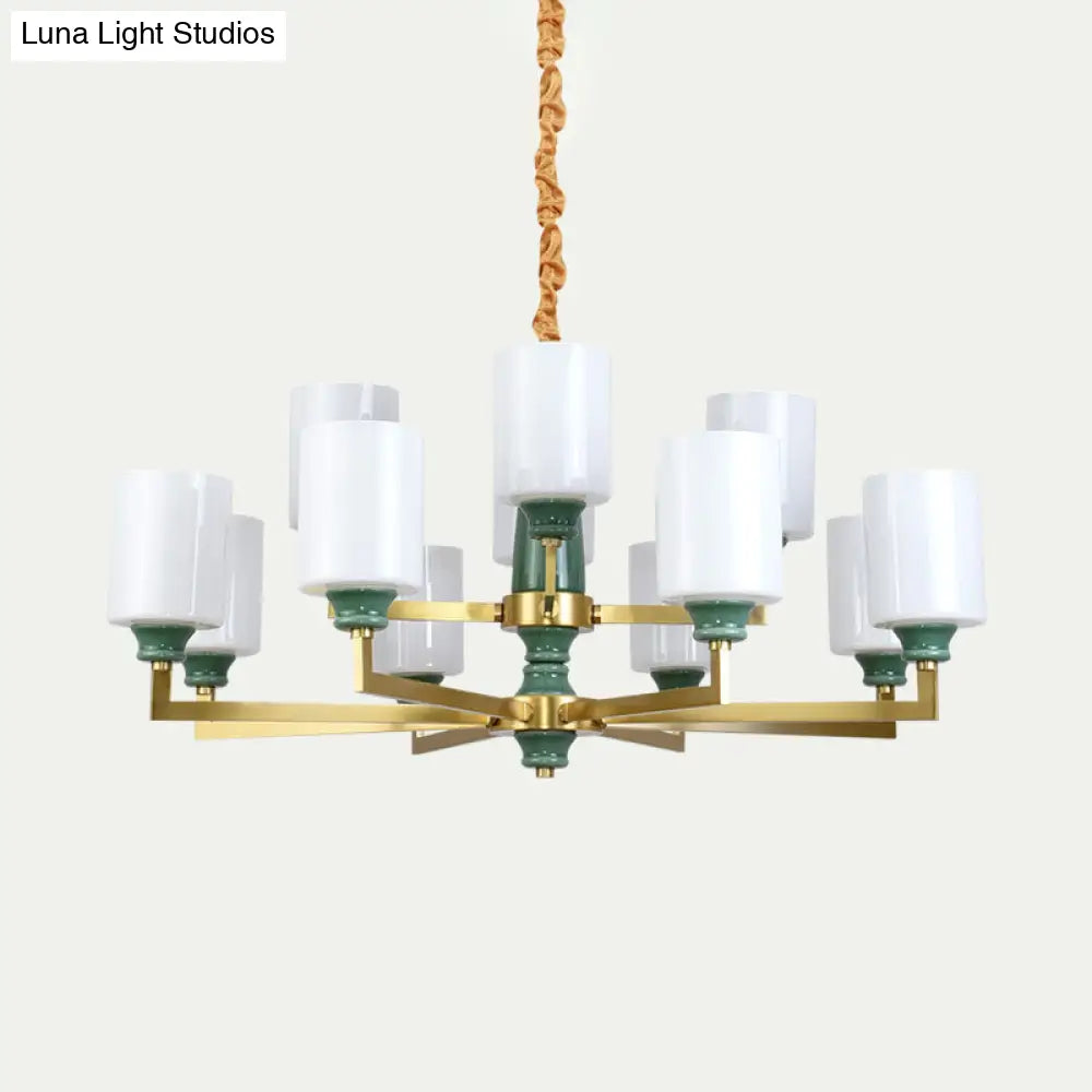 Retro Emerald White Glass Cylindrical Chandelier - Suspended Lighting Fixture With 3/8/12 Lights