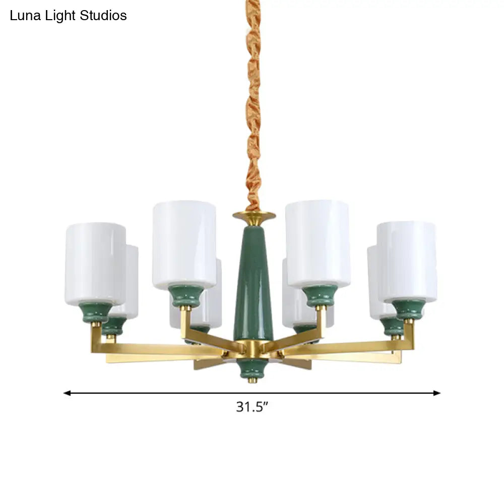 Retro Emerald White Glass Cylindrical Chandelier - Suspended Lighting Fixture With 3/8/12 Lights