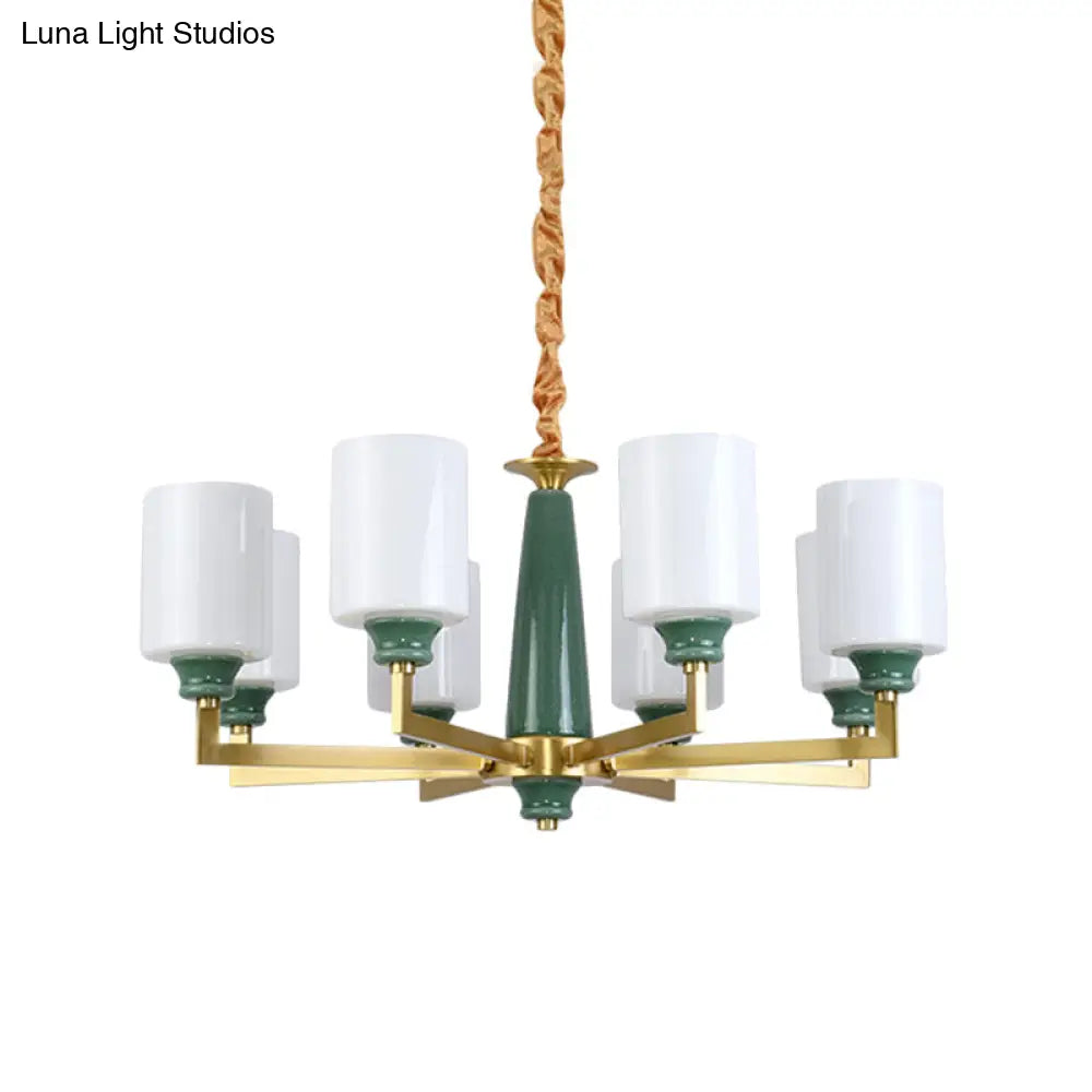 Retro Emerald White Glass Cylindrical Chandelier - Suspended Lighting Fixture With 3/8/12 Lights