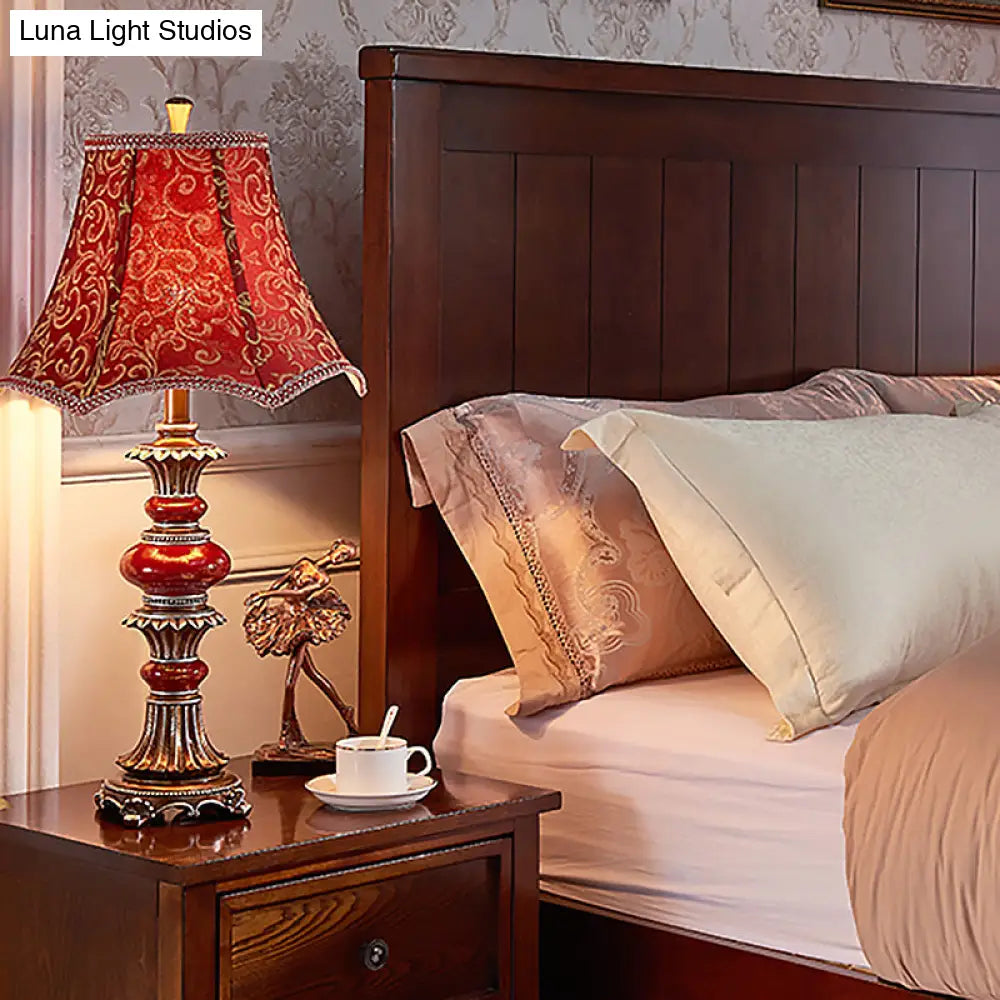 Retro Flared Table Light - Swirl Patterned Fabric Night Lamp In Red