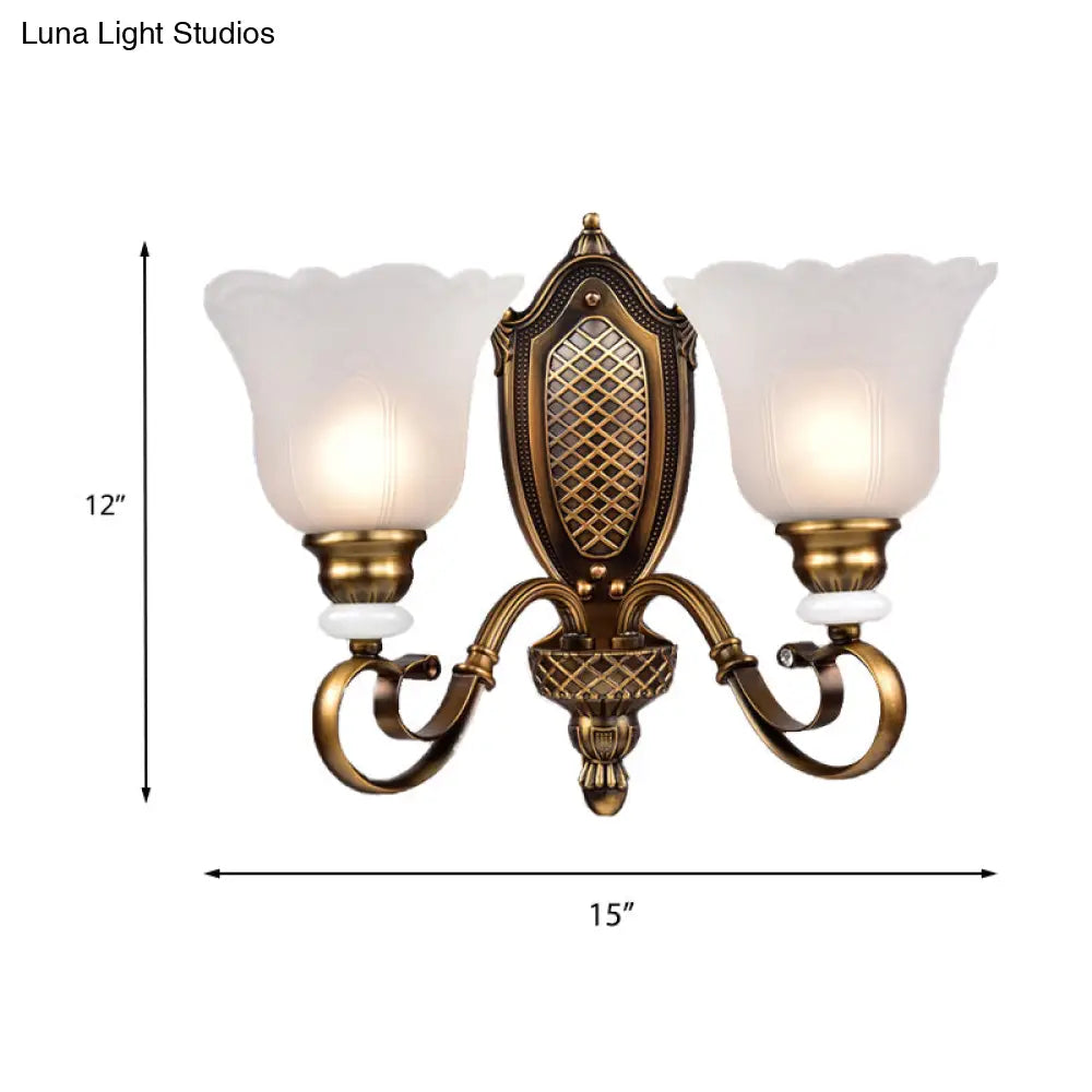 Retro Floral Sconce Light: 1/2-Light Vintage White Glass Wall Fixture With Metal Curved Arm In