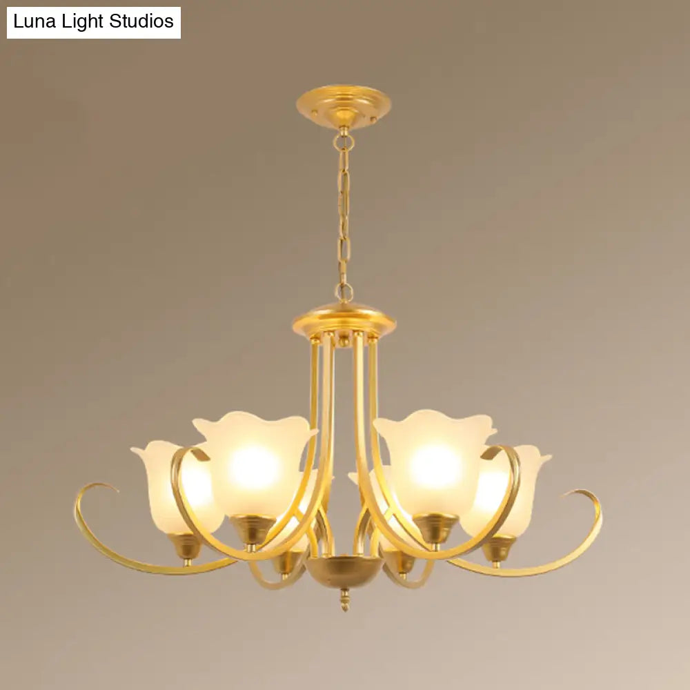 Retro Floral Shade Chandelier Pendant Light With Frosted Glass And Curved Arm - Vintage-Inspired