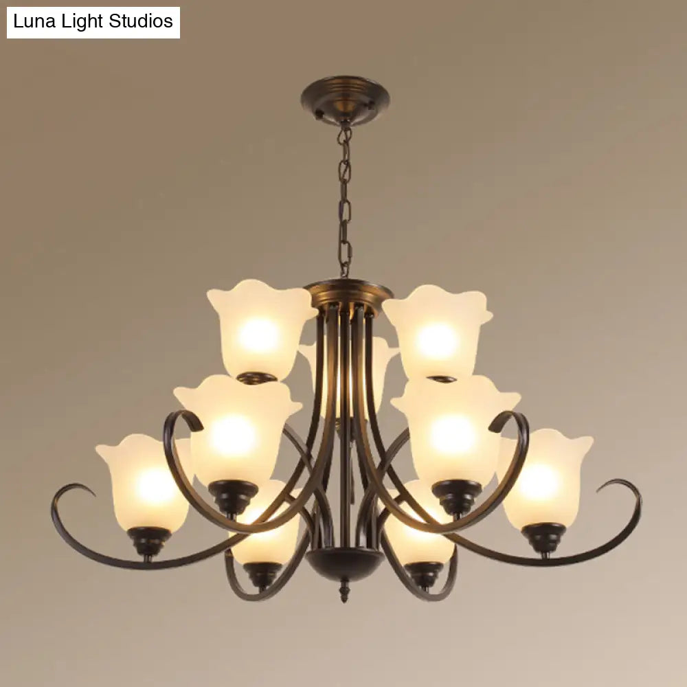 Retro Floral Shade Chandelier Pendant Light With Frosted Glass And Curved Arm - Vintage-Inspired