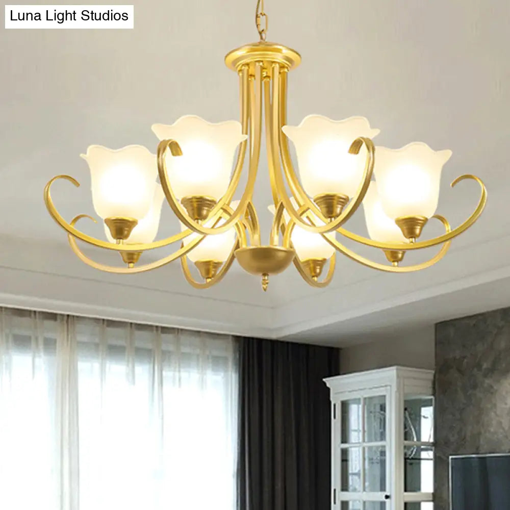 Retro Floral Shade Chandelier Pendant Light With Frosted Glass And Curved Arm - Vintage-Inspired