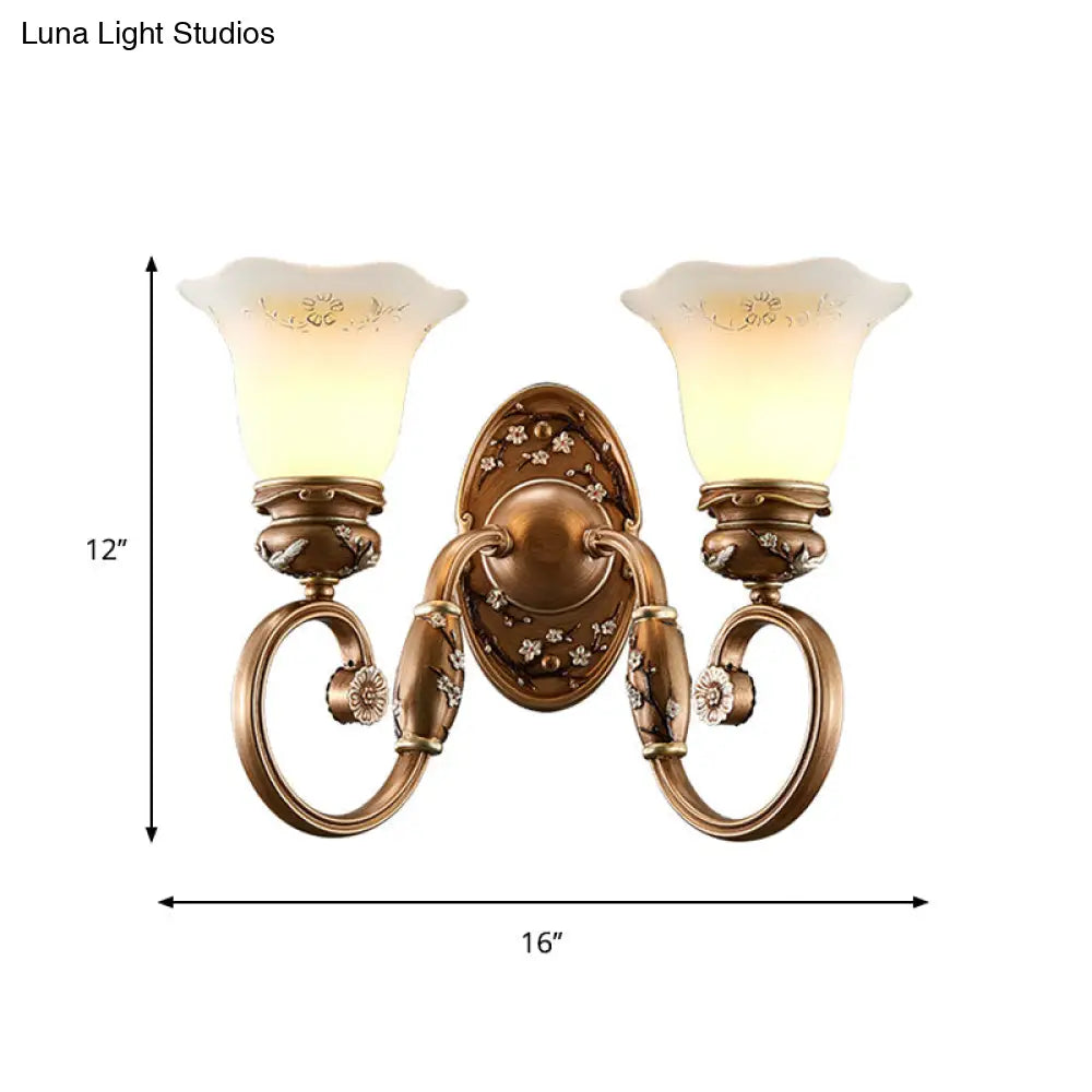 Retro Flower Shade Wall Sconce Lighting: 1/2-Light Brown Glass Mount Lamp