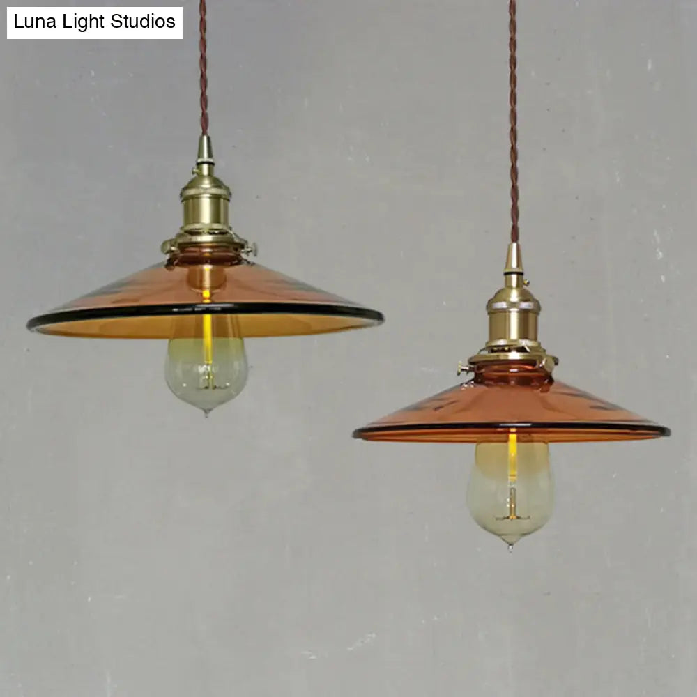 Retro Glass Shade Pendant Light Fixture For Living Room - Brown Pan With 1