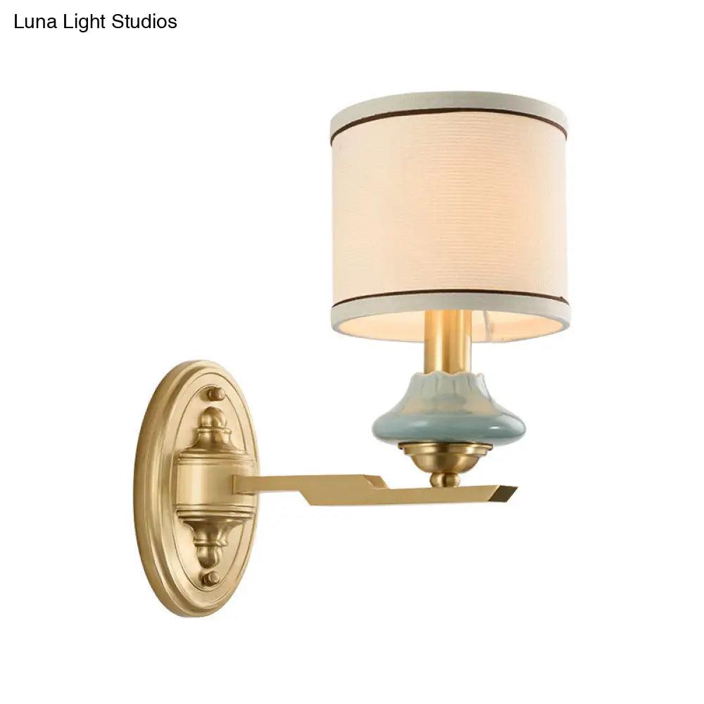 Retro Gold Fabric Wall Sconce With Porcelain Cap - Cylindrical 1/2-Light Lamp For Porch