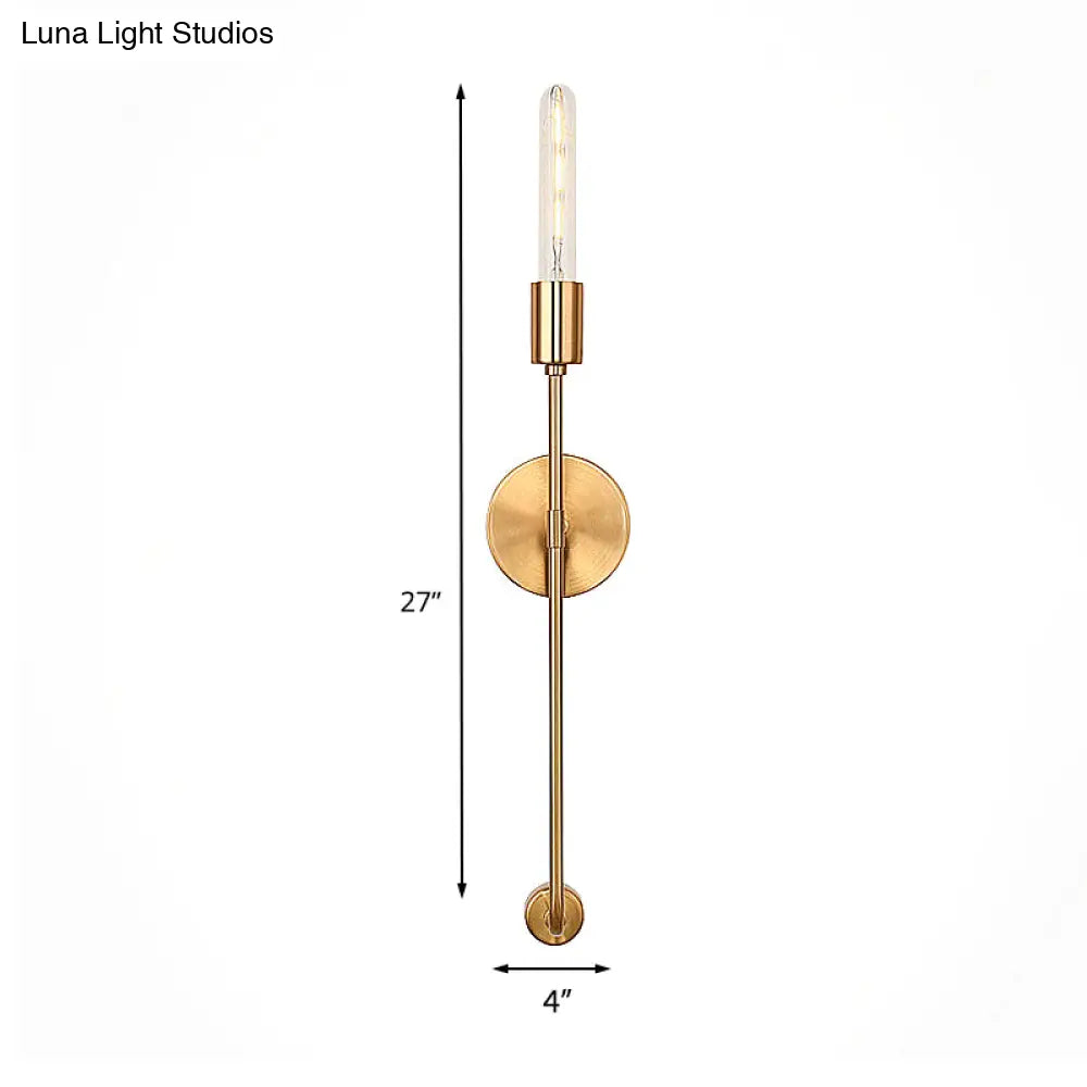 Retro Gold Wall Sconce With Linear Arm And Bare Bulb For Living Room