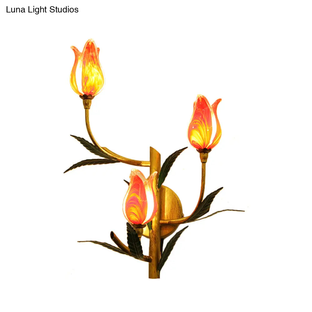 Retro Gradient Pink/Red Tulip Sconce - 3-Light Wall Lighting For Stylish Living Room Decor
