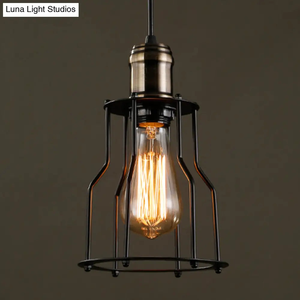 Retro Industrial Hanging Lamp - Single Light Pendant With Black Wrought Iron Frame For Restaurant
