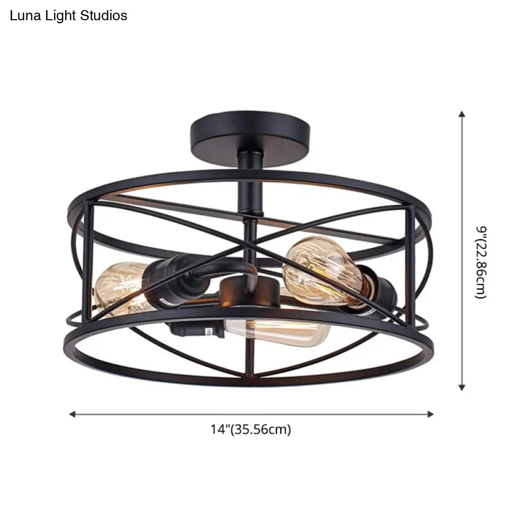 Retro Industrial Wrought Iron Ceiling Light With Black Frame