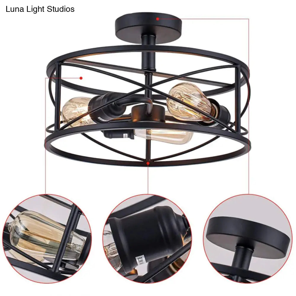 Retro Industrial Wrought Iron Ceiling Light With Black Frame